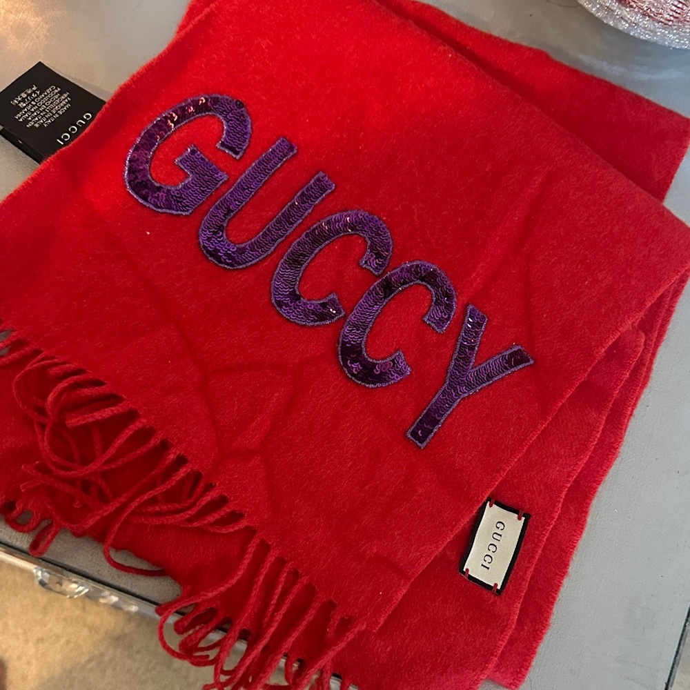 Gucci Vibrant Red Scarf with Purple Lettering